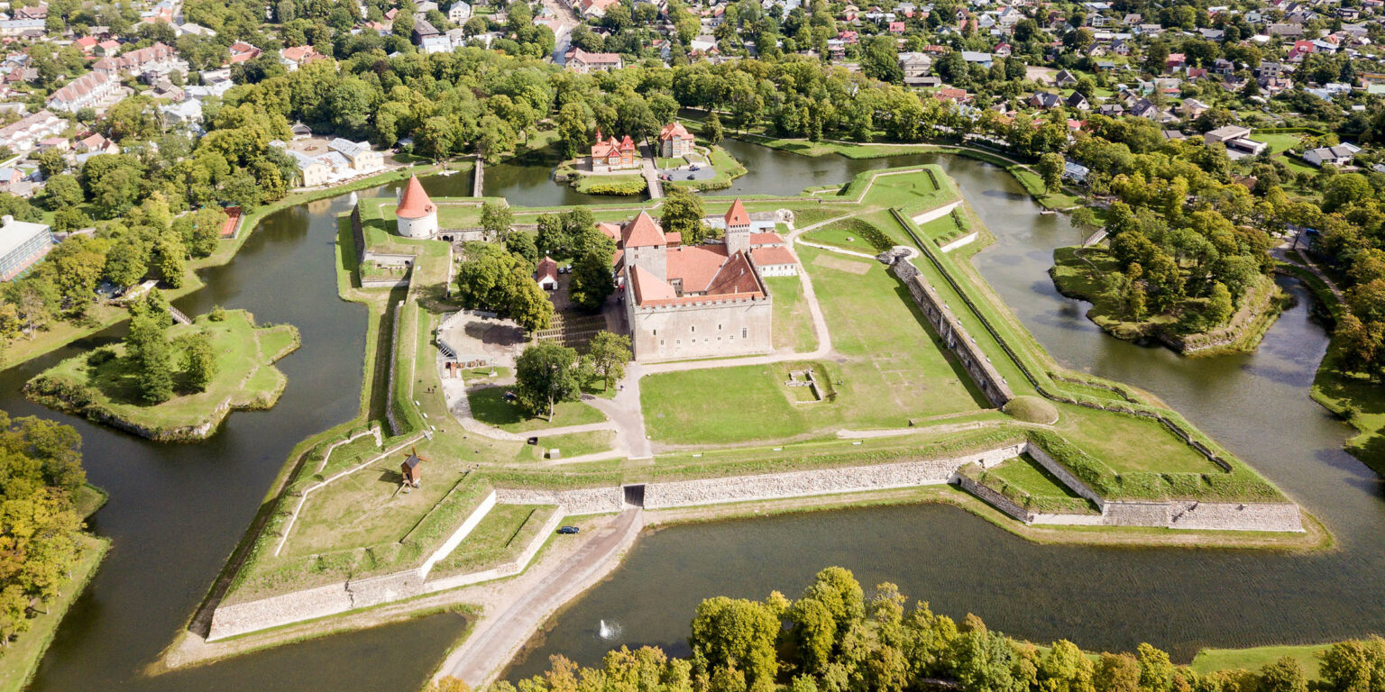 Fortifications of Kuressaare episcopal castle (star fort, bastion fortress) built by Teutonic Order, Saaremaa island, western Estonia, aerial view.